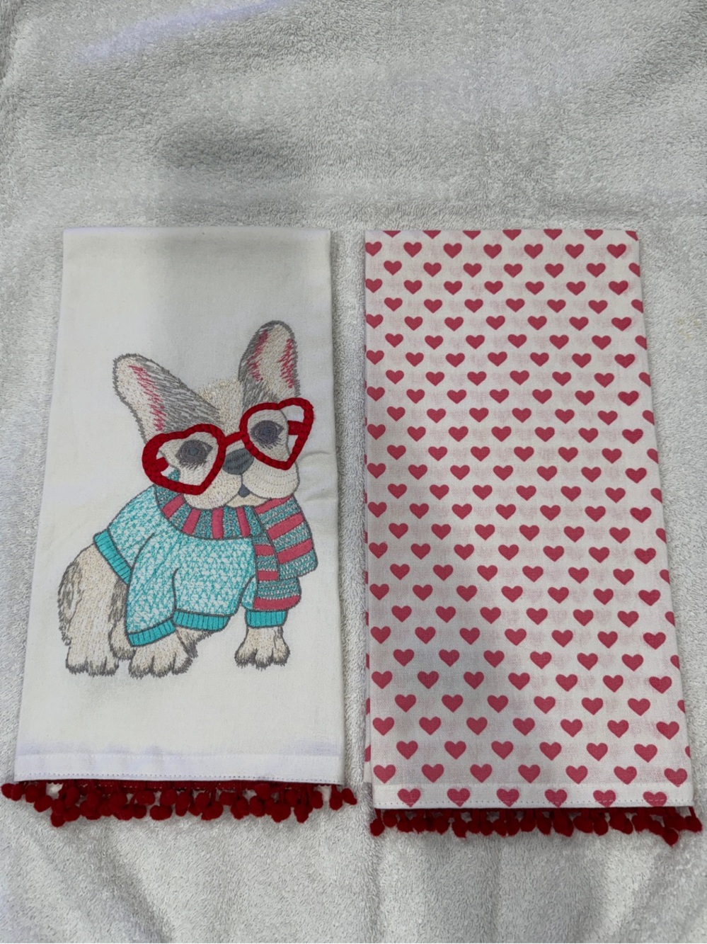 Nicole Miller Kitchen Towel set with Red Hearts & French Bulldog